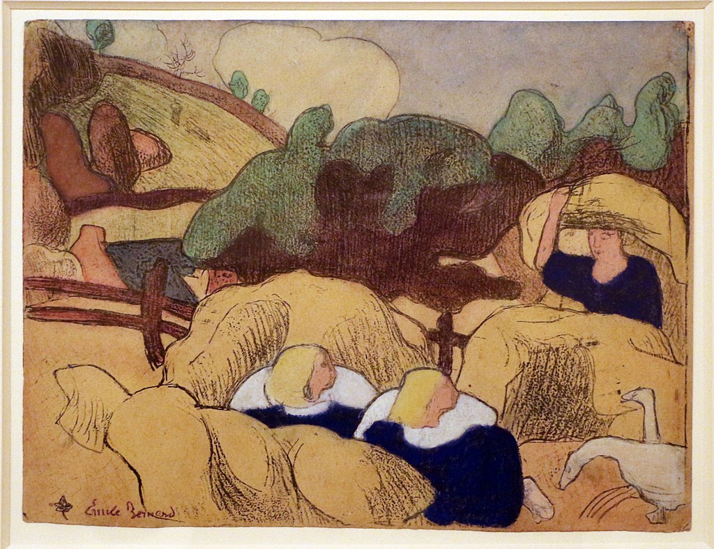 Émile_bernard,_donne_che_fanno_covoni_di_paglia,_zincografia_con_guache_e_acquerello1889.jpg