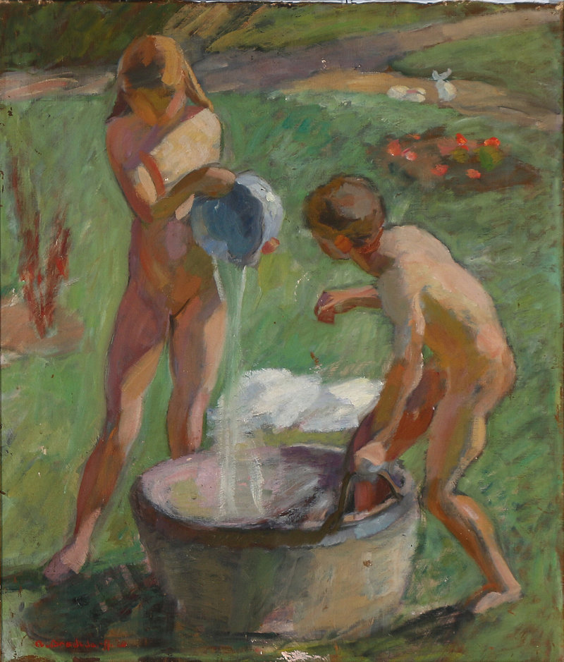 800px-Axel_Bredsdorff_-_To_børn_i_en_sommerhave_gør_badet_klart_-_1920.png
