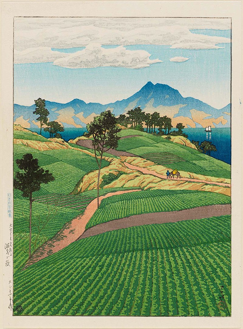 800px-Nihon_fūkei_senshū,_Amakusa_yori_mitaru_Onsengadake_by_Kawase_Hasui.jpg