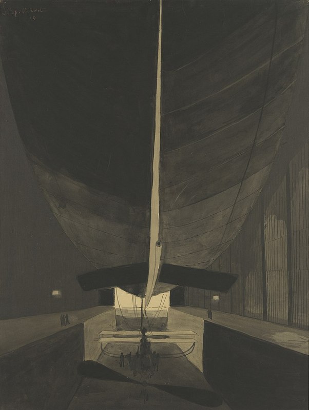 Het_luchtschip_Belgique_II_in_zijn_loods,_Léon_Spilliaert,_Mu.ZEE_Oosпtende,_SM002209.jpg