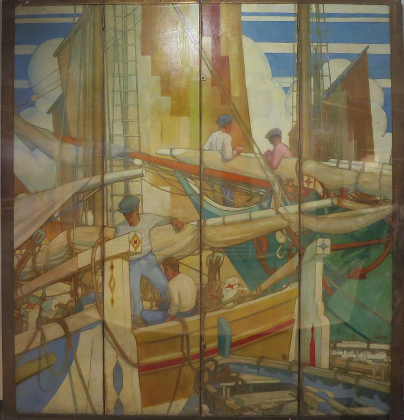 Mediterranian_Harbor_Scene',_folding_screen_by_Kenneth_Shoesmith,_Queen_Mary,.jpg