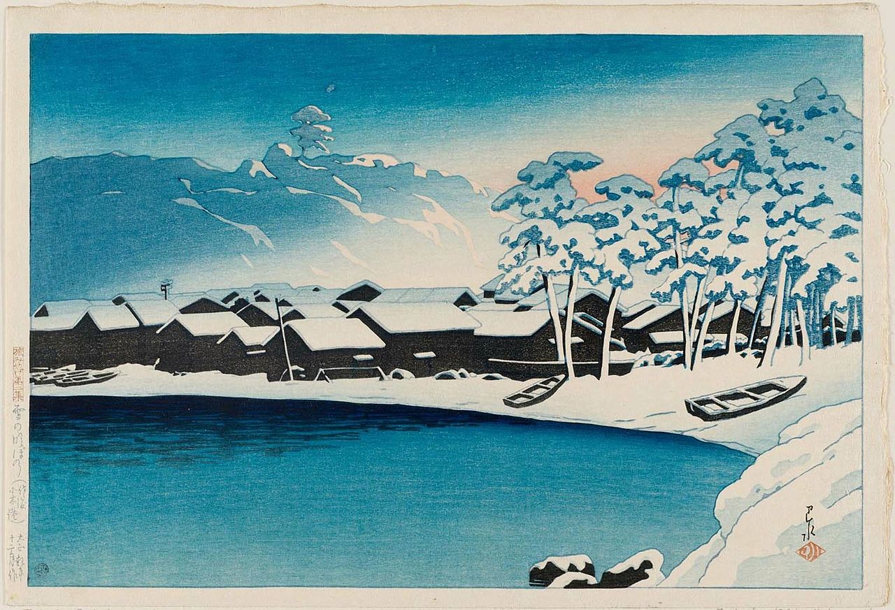 Tabi_miyage_dai_nishū,_Yuki_no_akebono_(Sado_Ogi_minato)_by_Kawase_Hasui.jpg